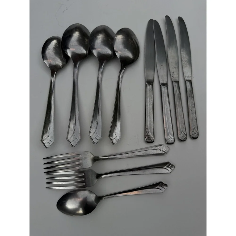 Vintage Stainless USA Flatware Set 11pc Art Deco Shell Fan‎ Pattern Silverware